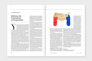 An illustration by Mariaelena Caputi of two boxing gloves, one red and the other blue, holding together a piece of the U.S. Constitution shaped like the United States.